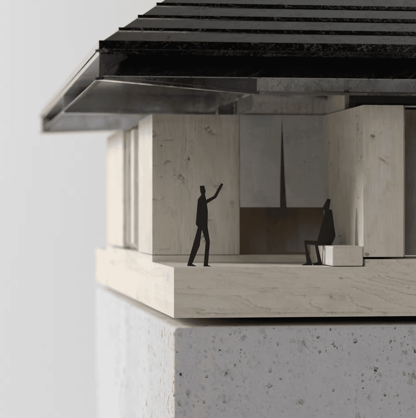 Close-up of the courtyard-house model with two figures beneath the roof beside wall panels and an open edge
