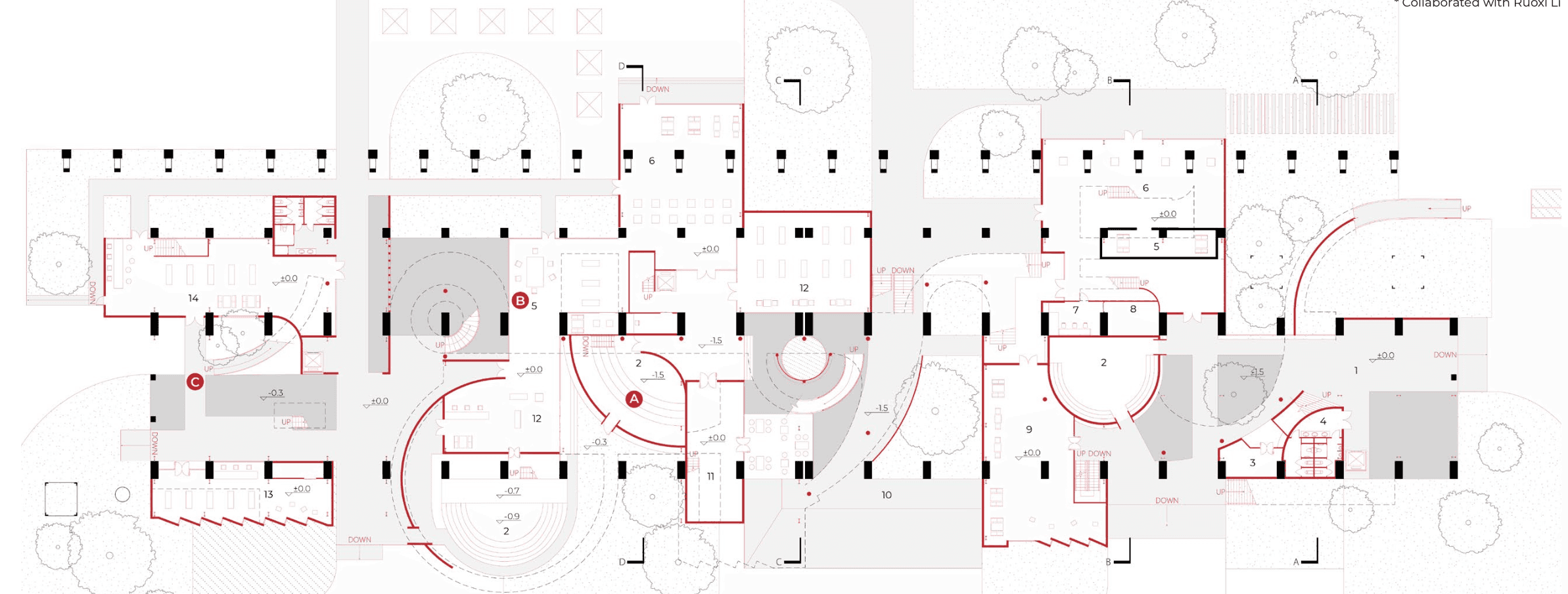 First-floor plan showing curved rooms and circulation inserted into the regular column grid of the long factory building