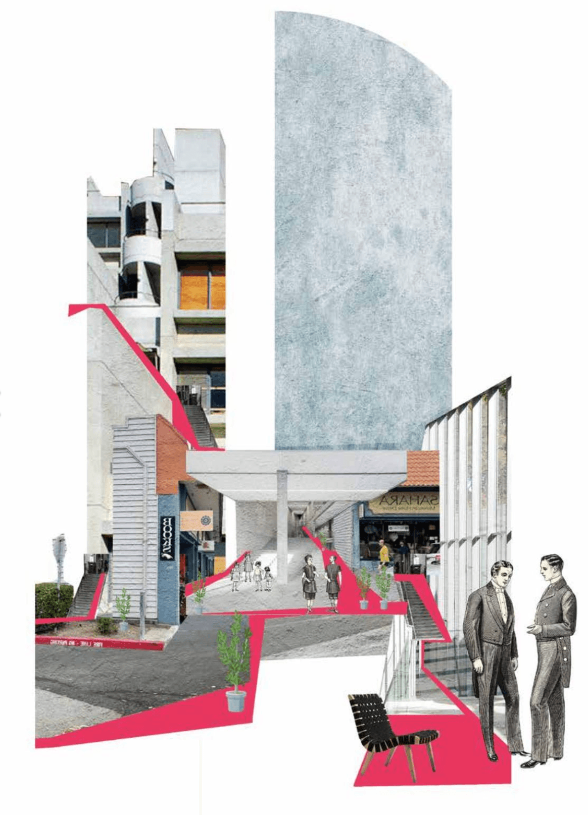 Urban collage with stairs, recessed shopfronts, seating, planting, and a pink route connecting spaces at different heights