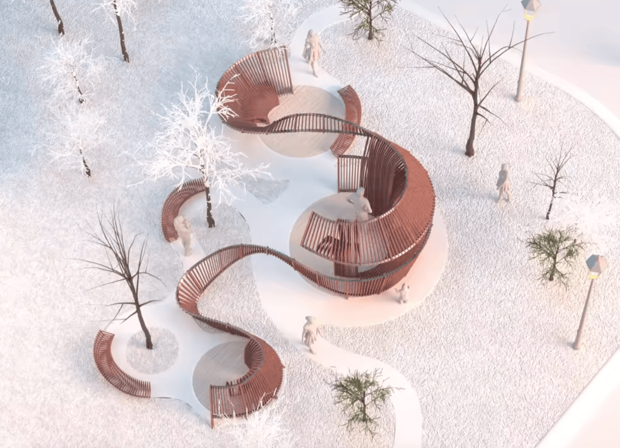 Overhead rendering of the ribbon's looping forms, trees, seats, and people within a planted community space
