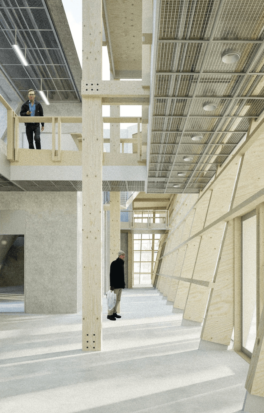 Multi-level circulation space and stairs between the concrete and timber systems