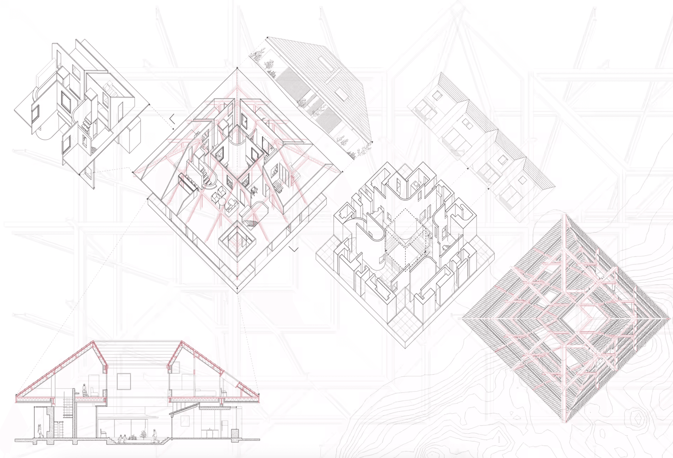 Exploded axonometric studies, roof diagram, and section showing the courtyard house as a set of interrelated spatial layers