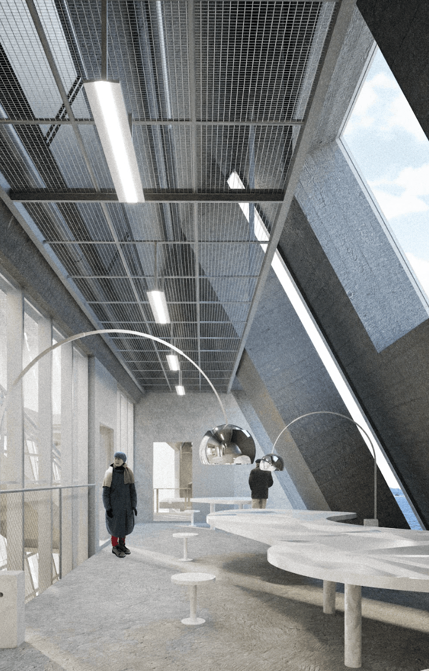 Ferry waiting space beside an angled concrete wall, with seating and views to the water
