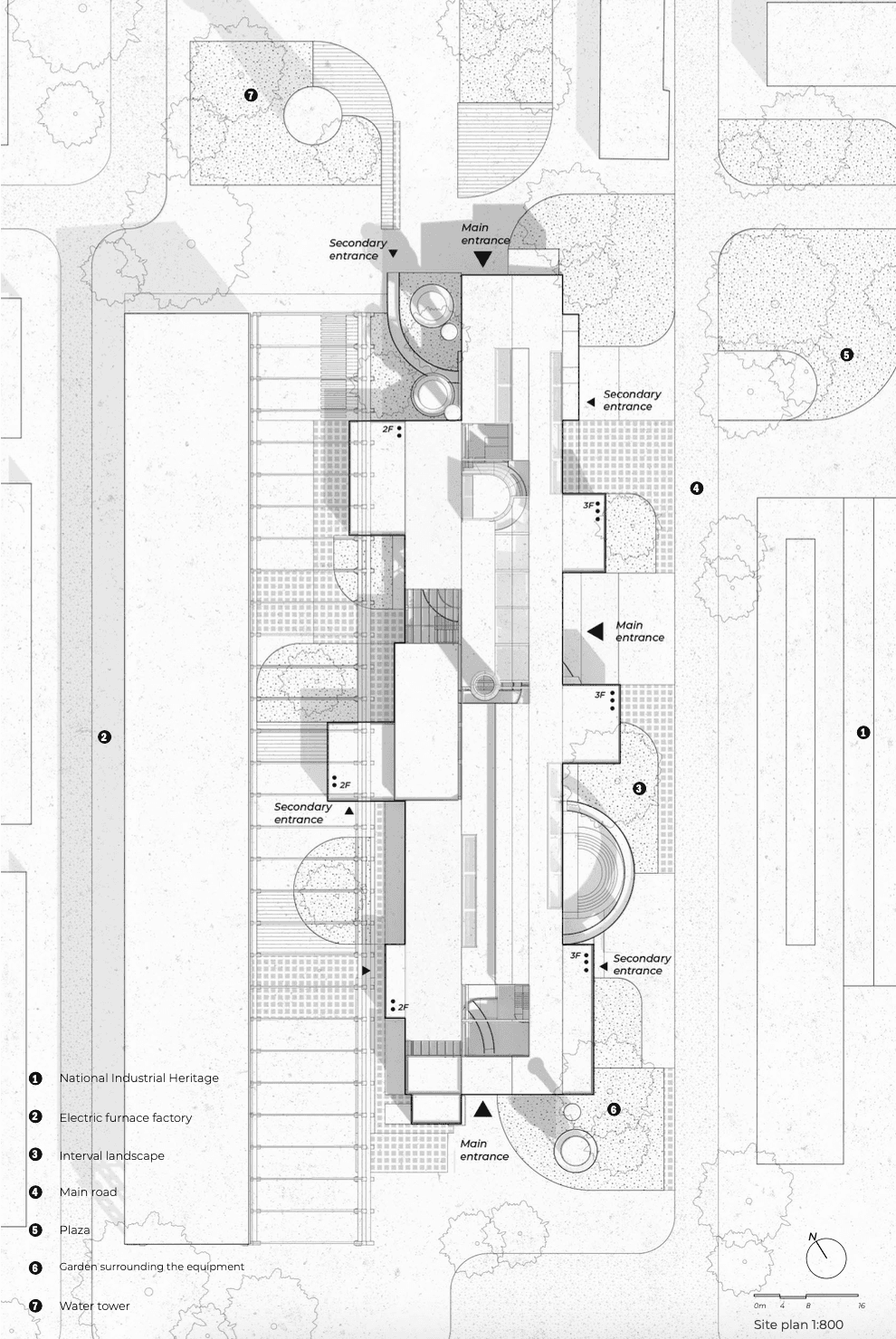 Site plan showing the long factory building, curved interventions, adjoining industrial remains, paths, and planted public spaces