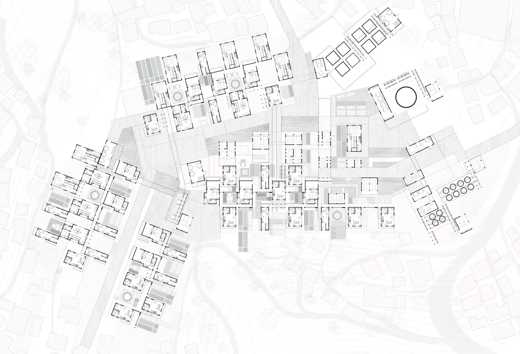 Detailed plan of housing clusters, internal rooms, planted strips, and shared spaces arranged along the proposed network