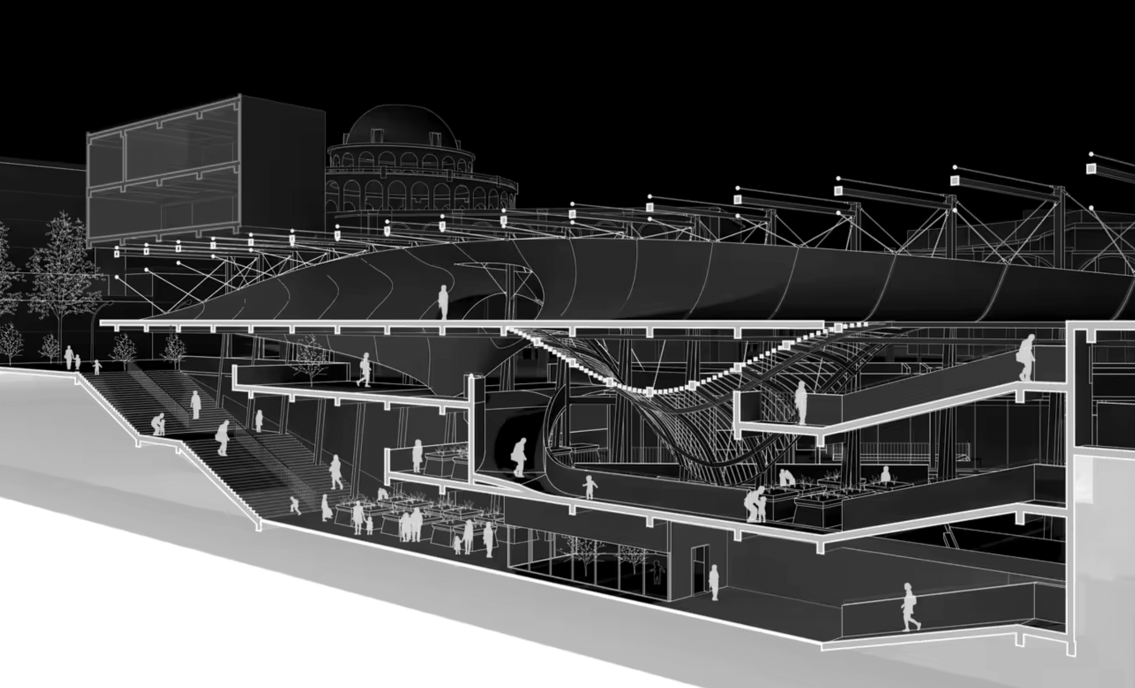 Long sectional perspective showing the sunken public spaces, stairs, upper volumes, and bridge alongside the historic building
