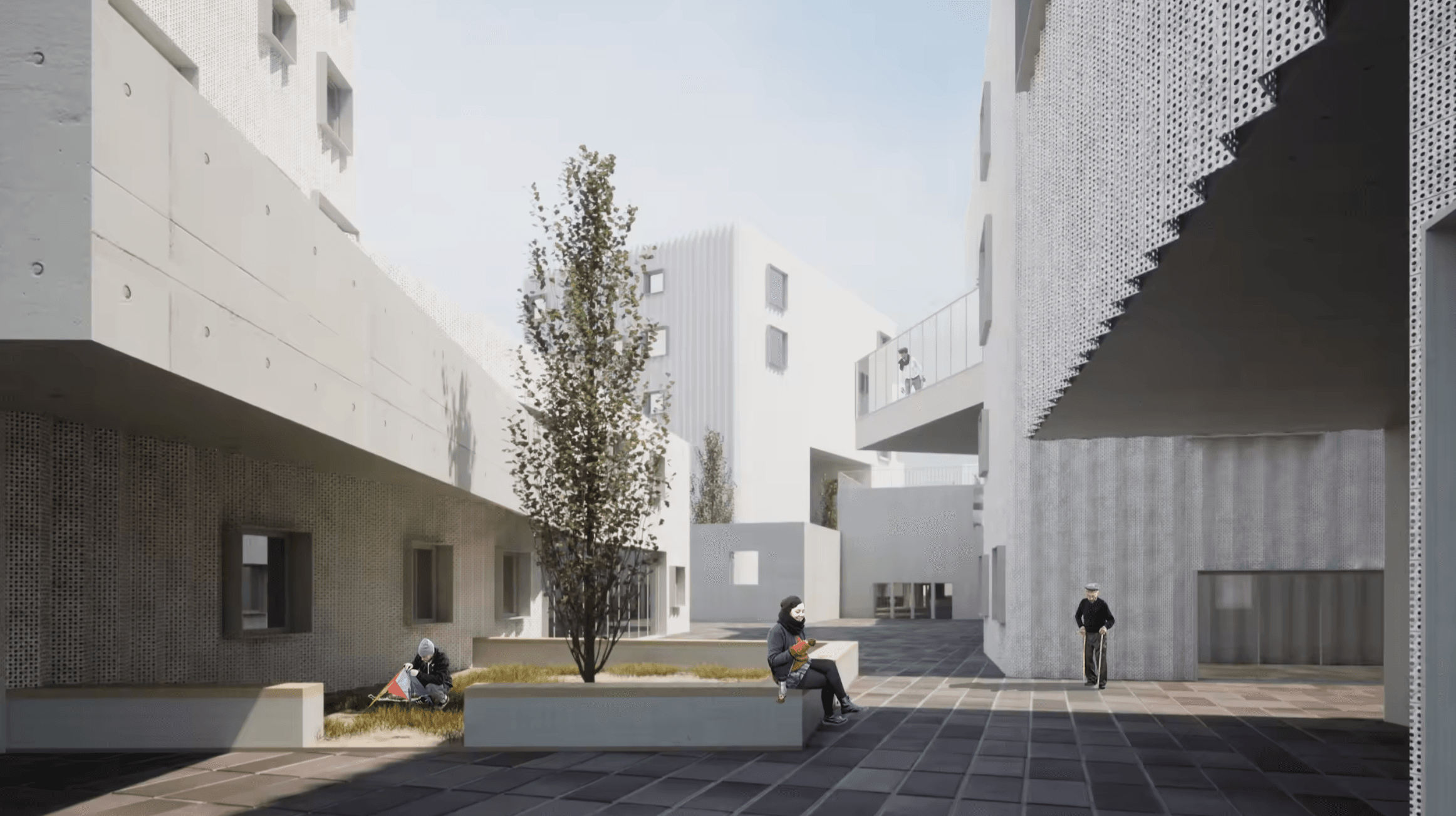 Rendering of people in a planted courtyard beneath bridges connecting pale residential buildings