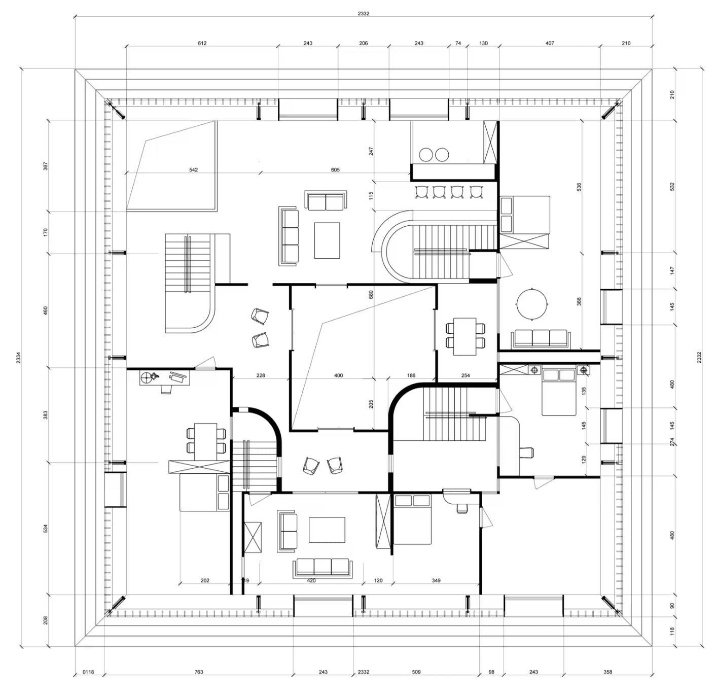 Second-floor plan showing rooms and lighter spatial divisions arranged around the central courtyard