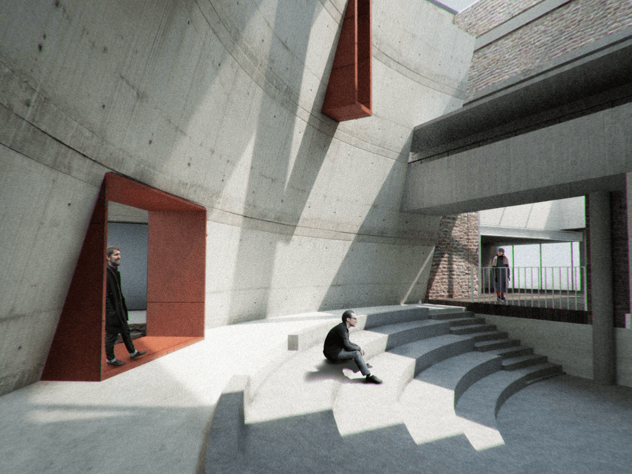 Rendering of visitors sitting on broad curved steps beneath an elevated concrete volume beside the factory’s retained brick walls