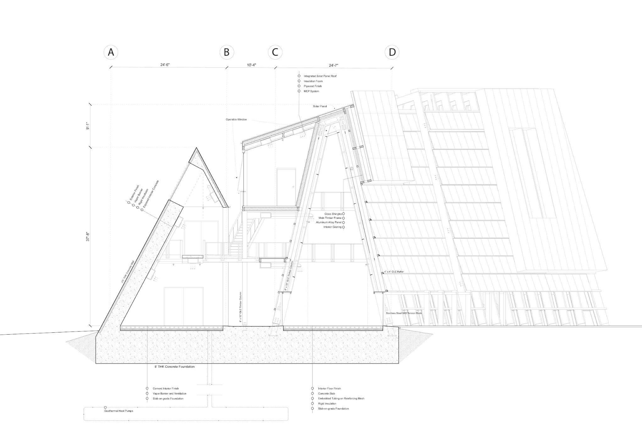 Integrated section through the concrete terminal, intermediate circulation, and timber A-frame