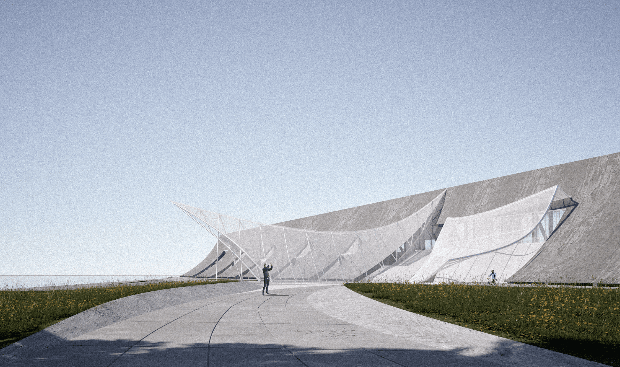 View from a waterfront plaza toward a long concrete wall with translucent curved membranes extending over the museum entrance