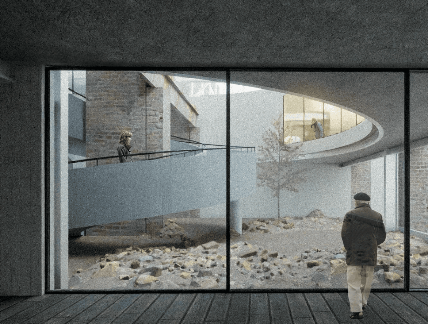 View through a dark-framed opening toward industrial remains and an elevated curved ramp with a visitor above