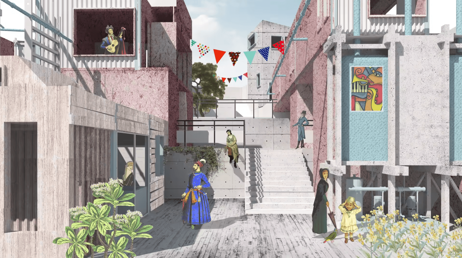 Street-level perspective of residents among homes, steps, planted edges, overhead connections, and visible water pipes