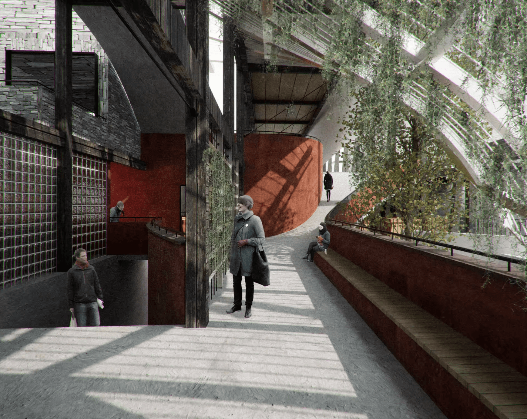 Rendering of people meeting along a planted upper walkway, with curved red walls and views between levels