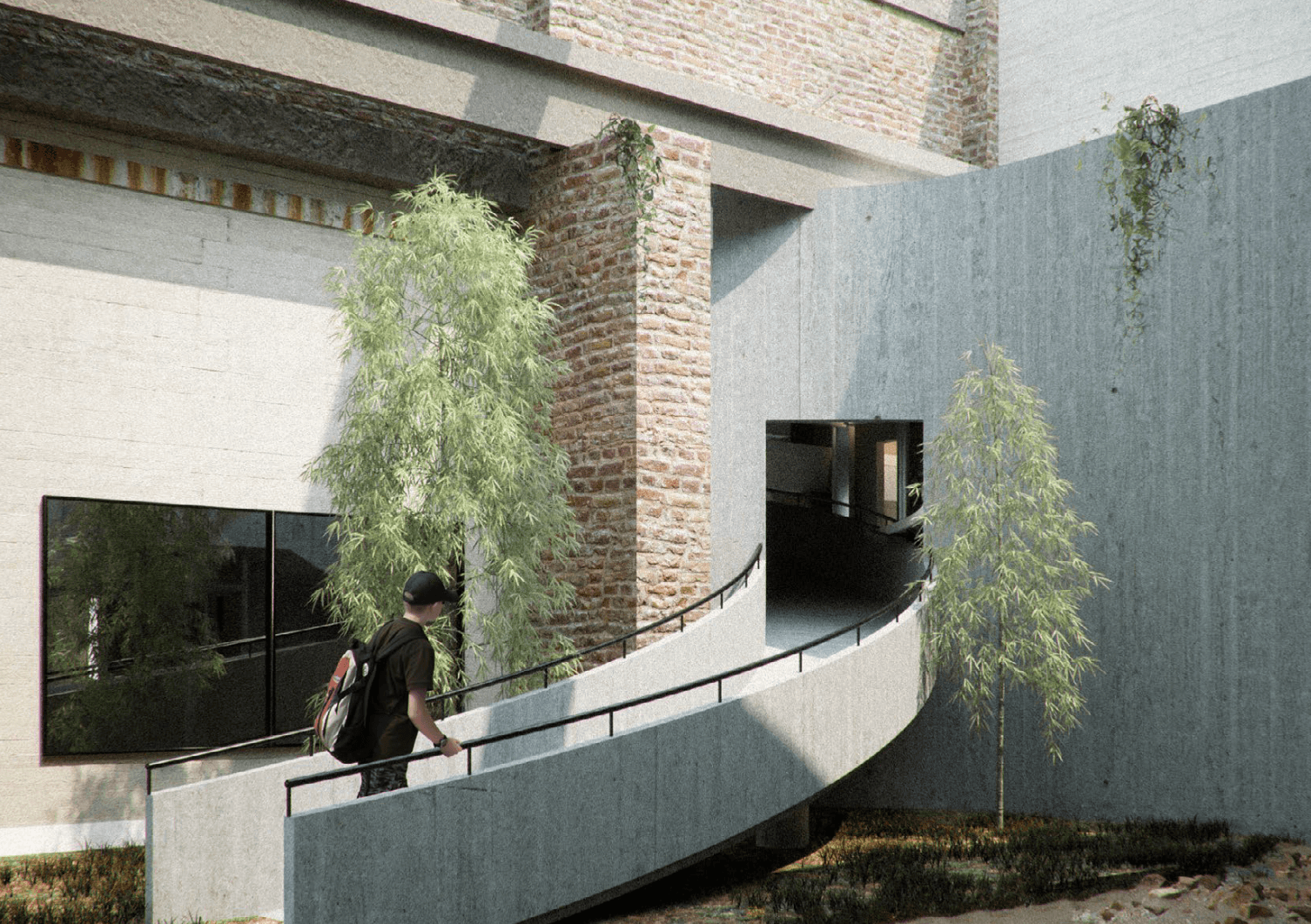 Curved elevated ramp passing between brick walls and hanging planting, with visitors walking toward a sheltered opening