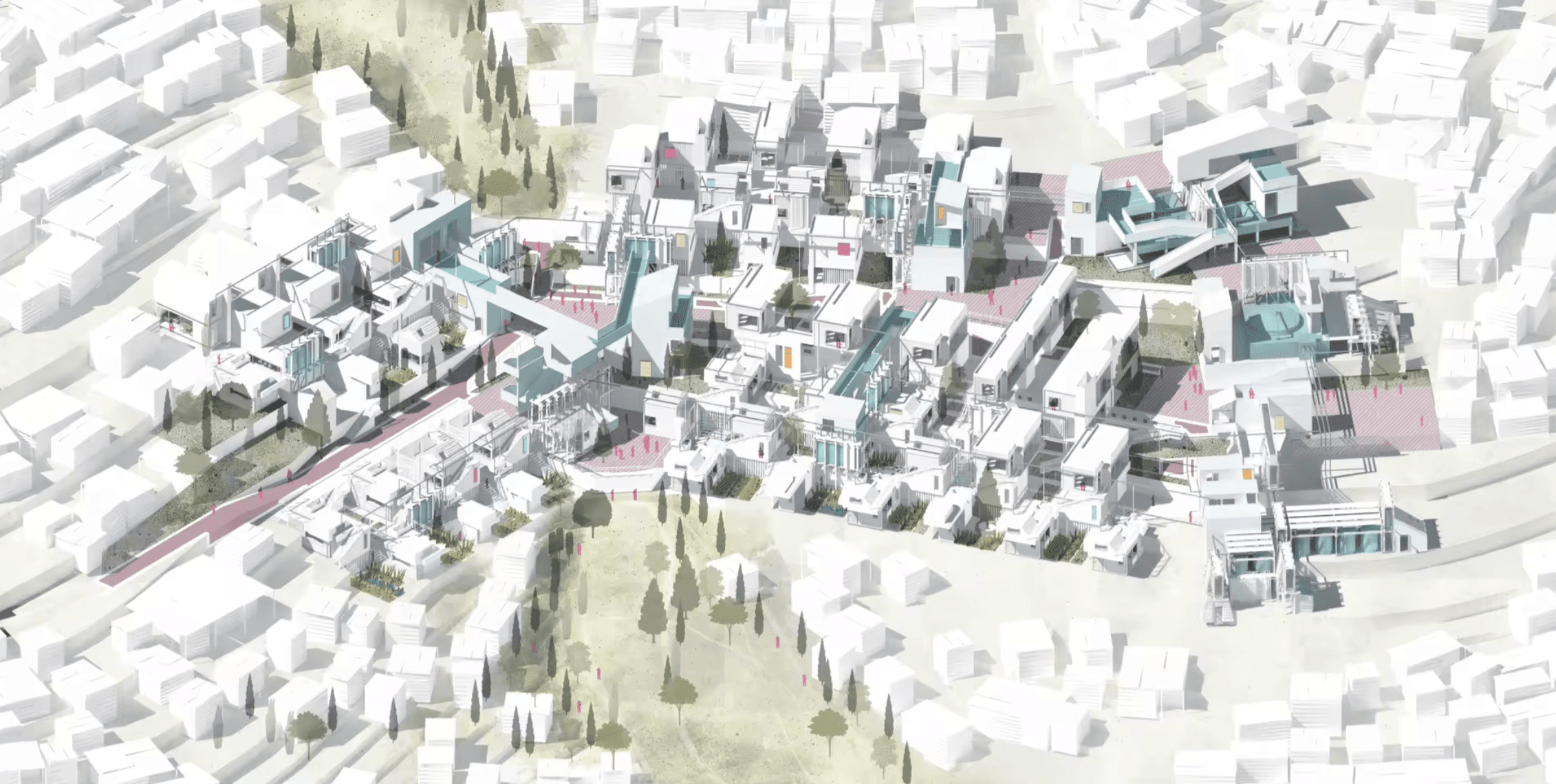 Aerial view of the proposed Enkanini intervention, with housing clusters, shared routes, and green spaces within the surrounding settlement