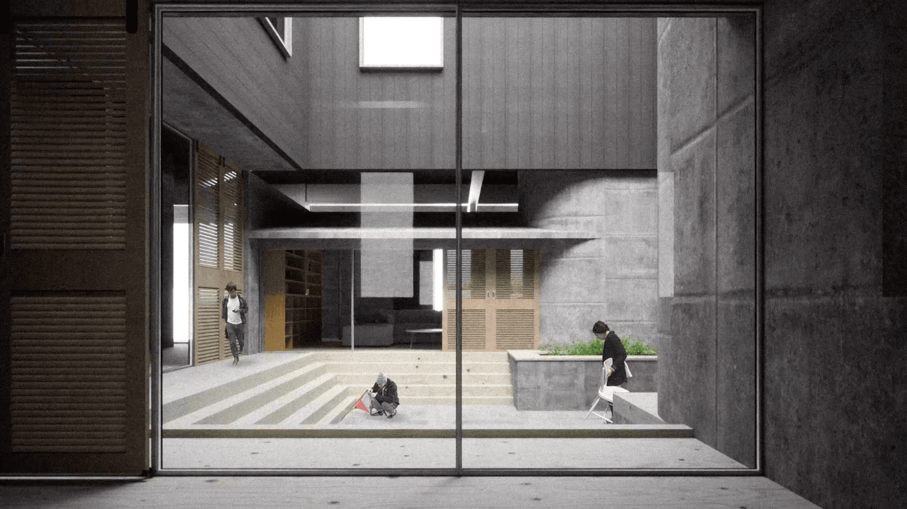 View from an interior room through a glazed threshold into the shared courtyard, with people occupying its edges