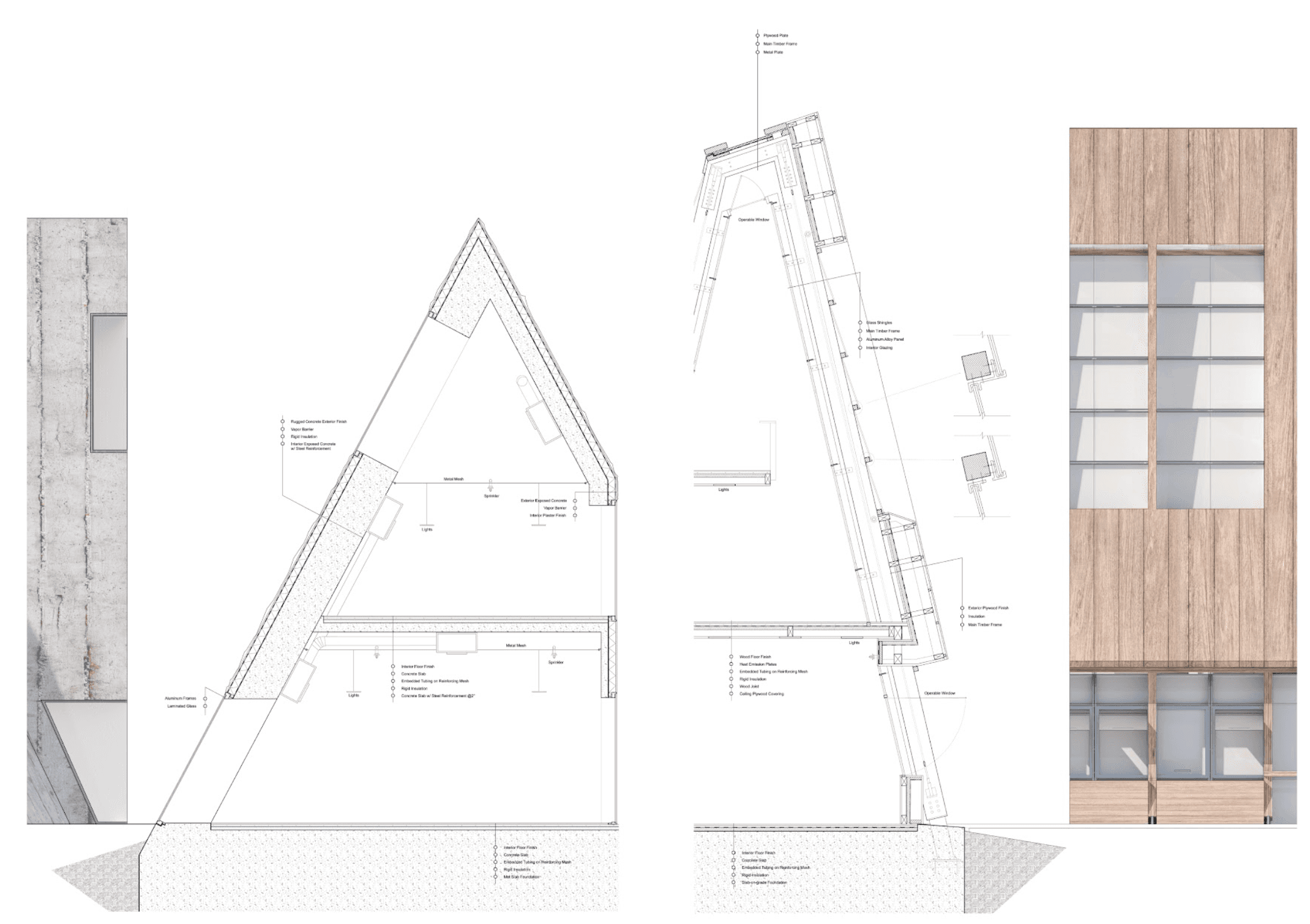 Wall sections and façade details comparing the concrete wall and glass-clad timber structure