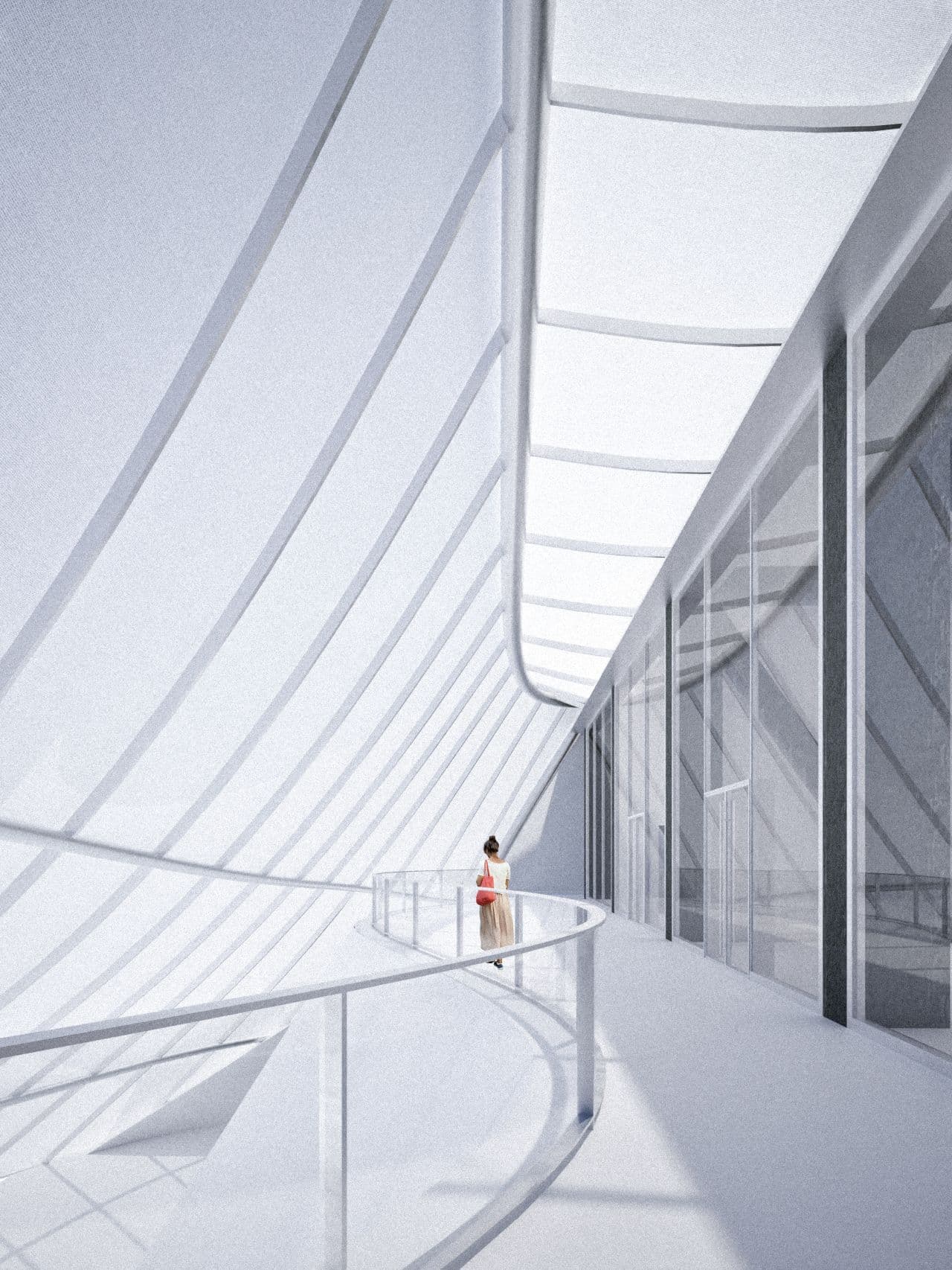 Interior perspective of a visitor on a curved walkway between a translucent membrane and the museum wall, with light filtering through the surface
