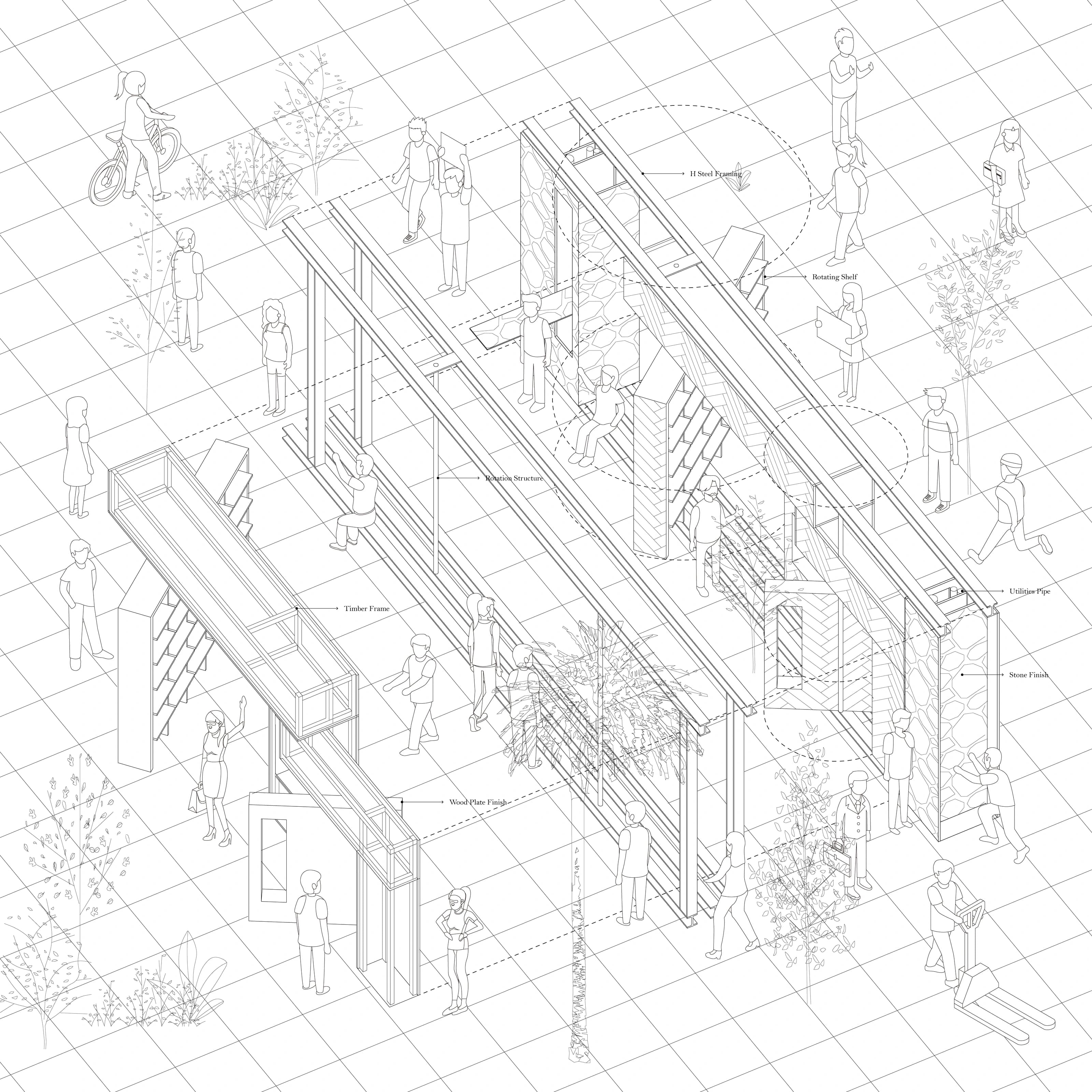 Detailed axonometric drawing showing frames, partitions, circulation, and planting within the collective spatial system