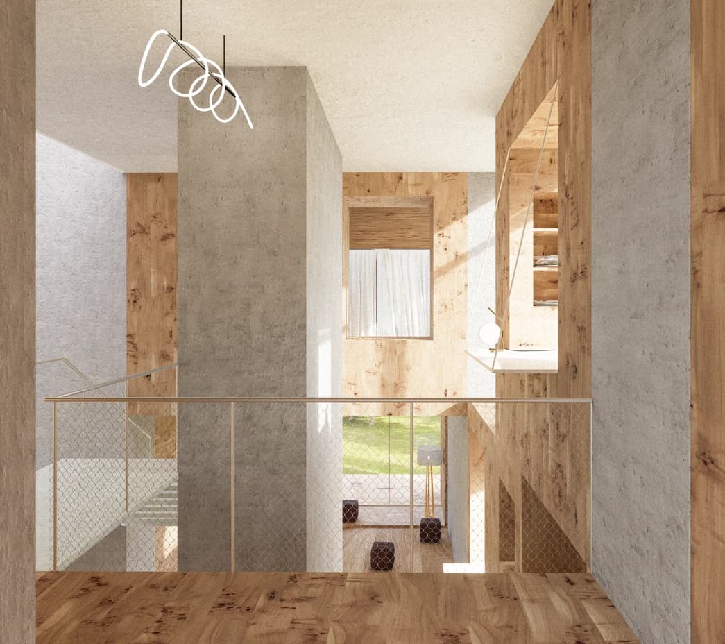 Sunlit double-height interior with timber surfaces, concrete walls, a mesh guardrail, and views between domestic levels