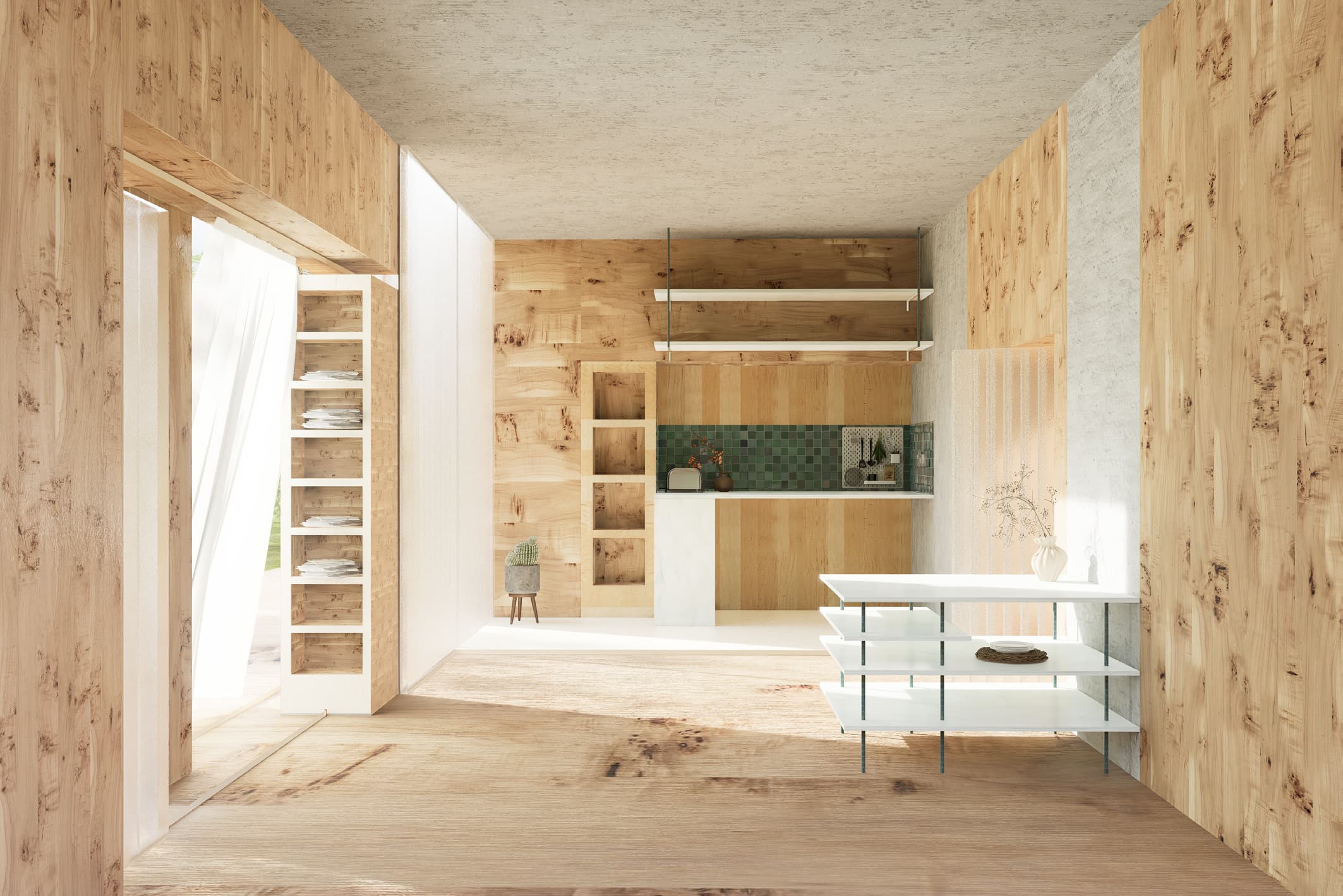 Warm timber interior with shelving, a table, framed openings, and views into adjoining domestic spaces