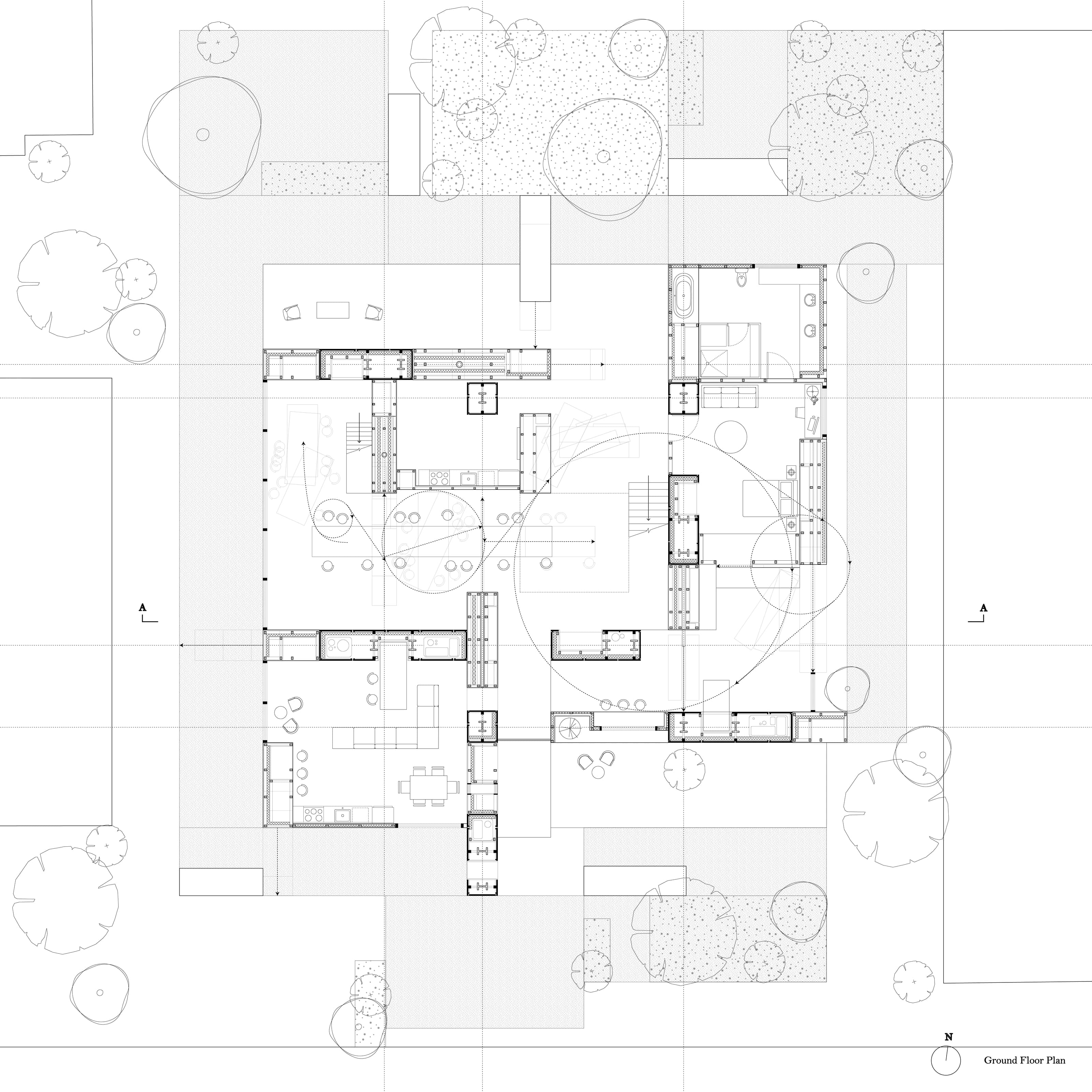 Detailed domestic floor plan with partitions, furnishings, planted areas, and alternative spatial boundaries