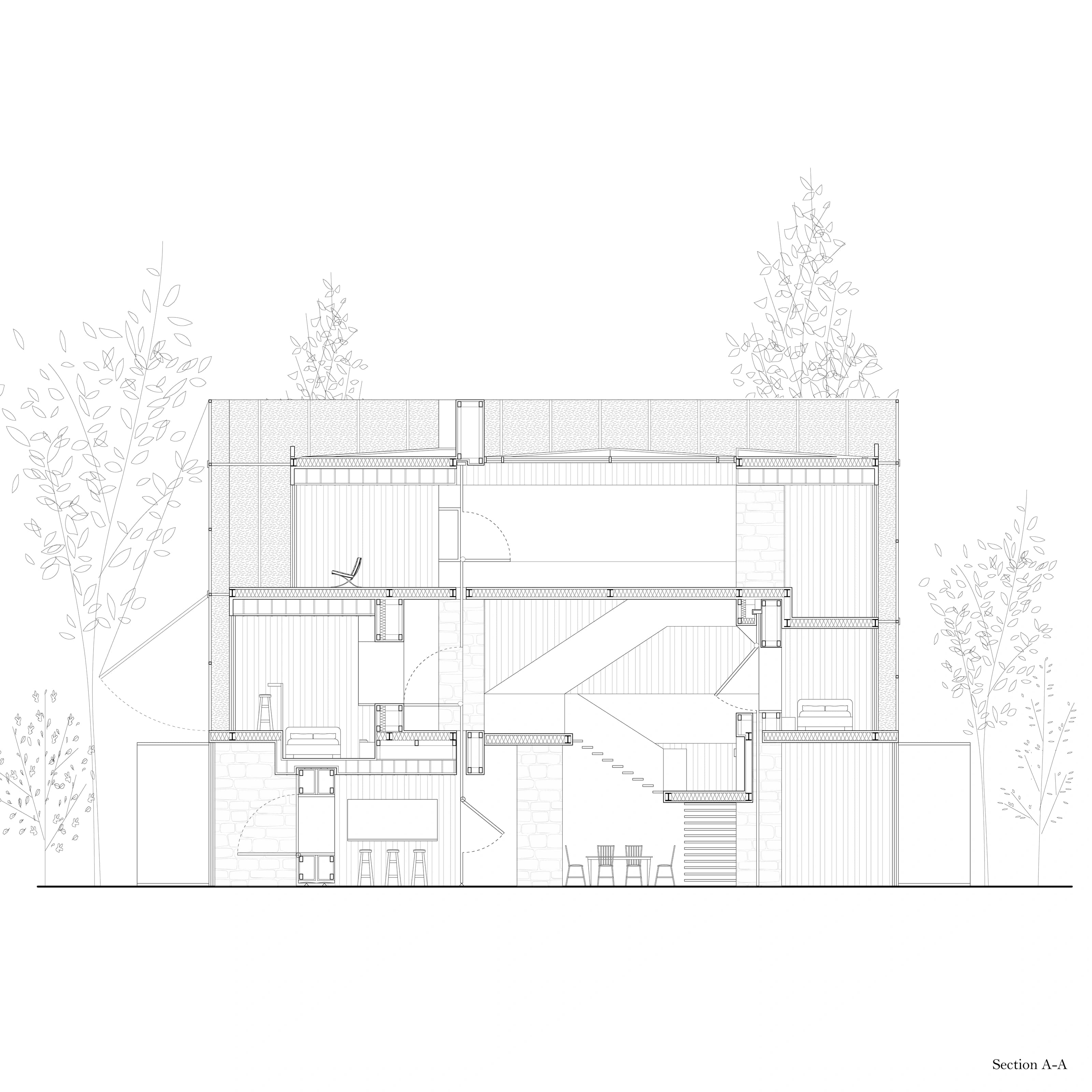Section through a multi-level domestic framework showing rooms, stairs, openings, and landscape edges