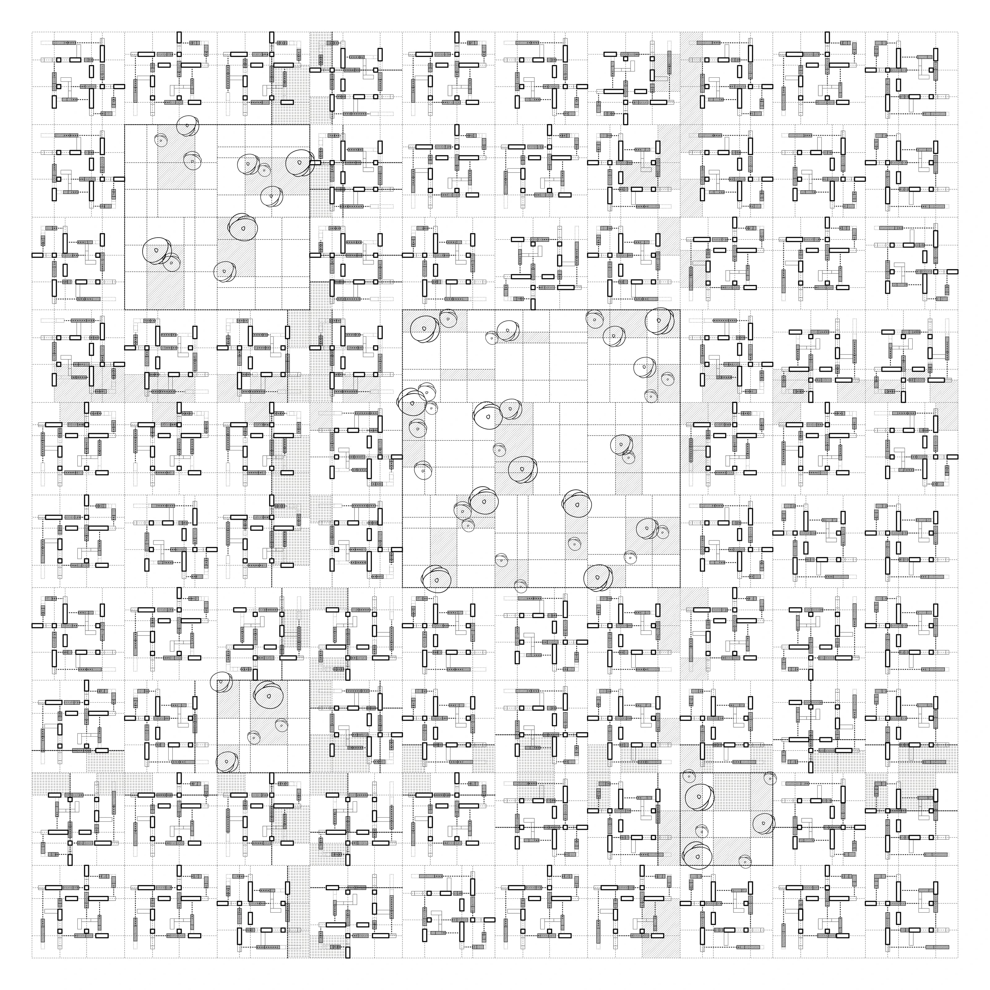 Large superblock plan with repeated housing arrangements, communal areas, and planted courtyards across a regular field