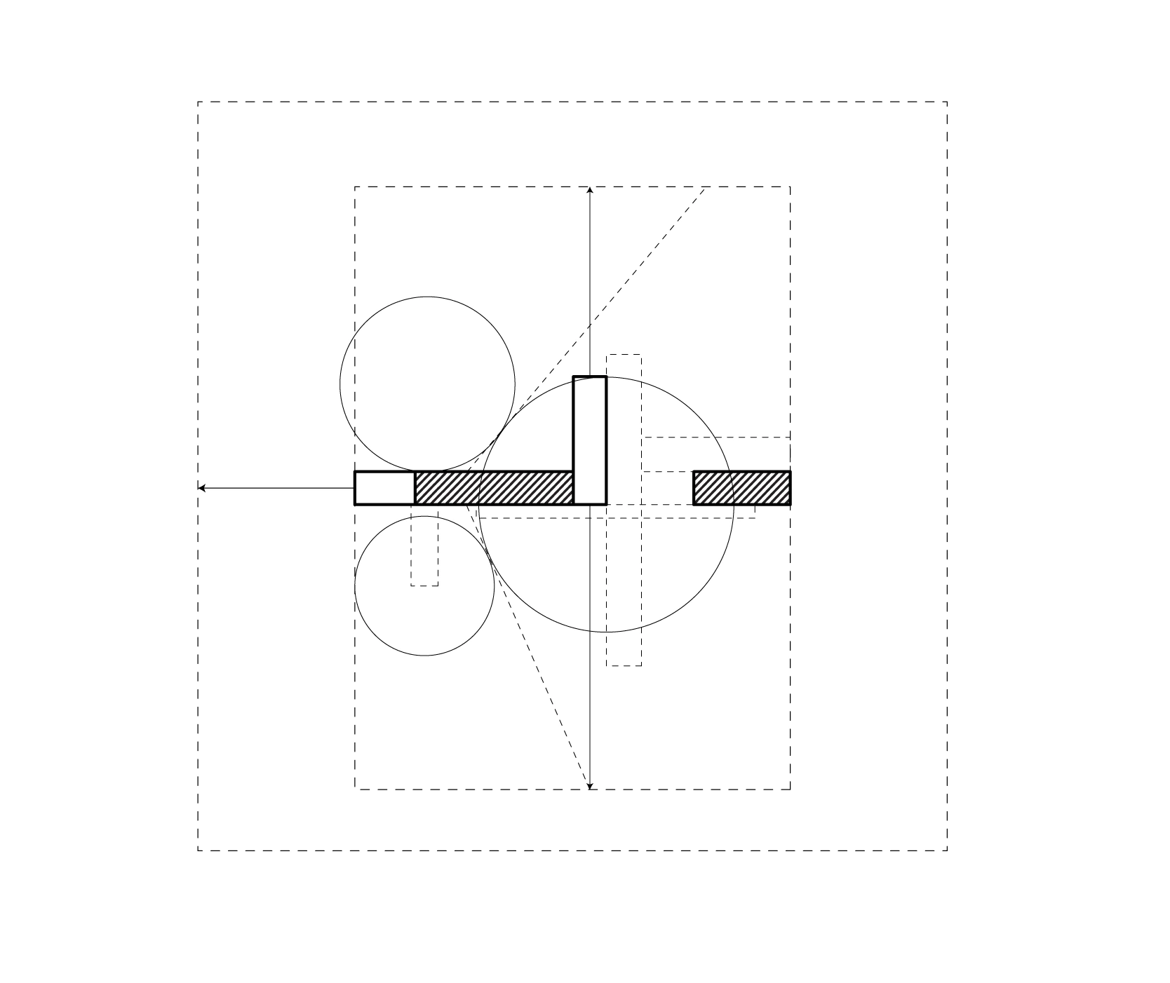 Diagram of a stable spatial frame with circular and diagonal zones around intersecting elements