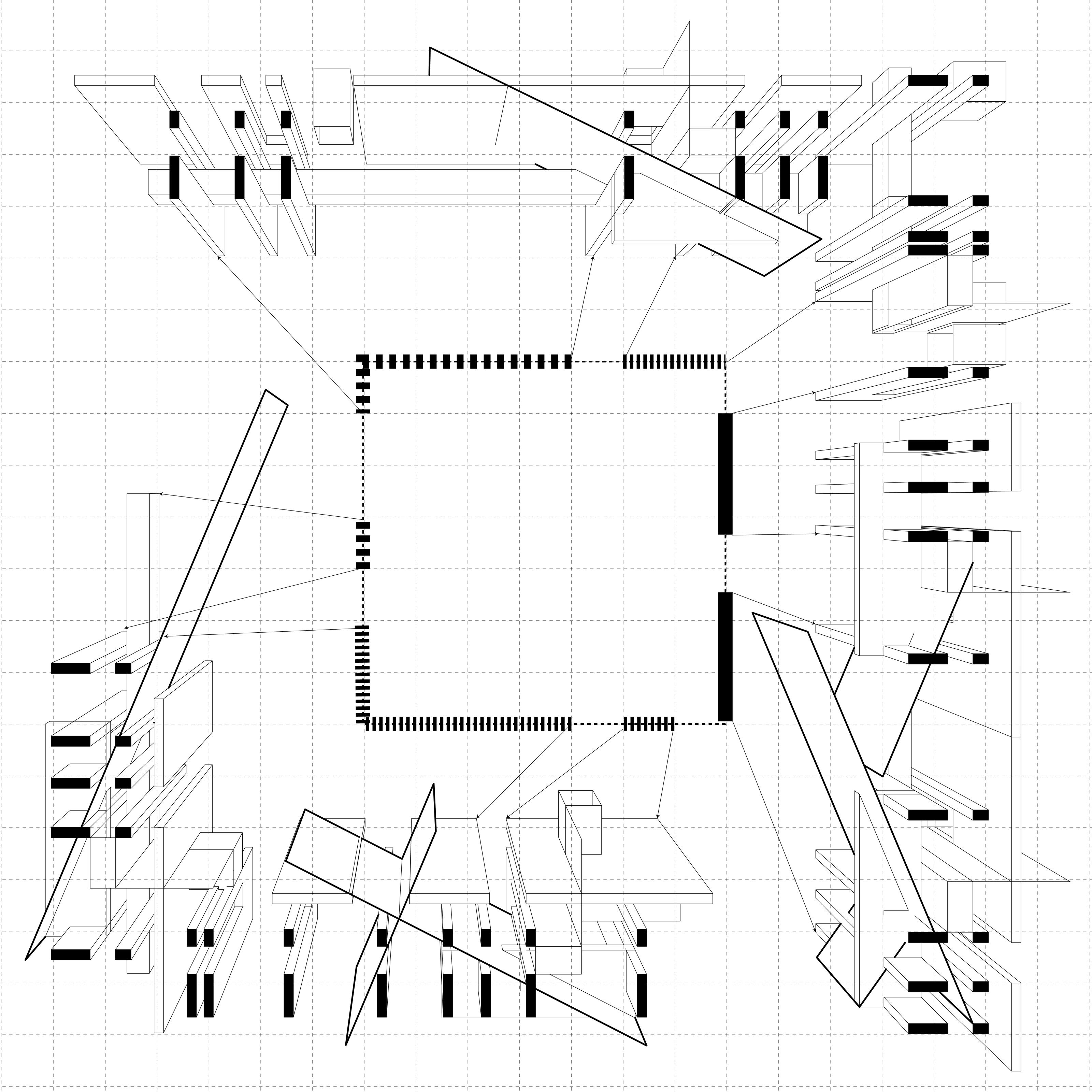Spatial threshold study showing different arrangements of walls, openings, and boundaries around a shared field