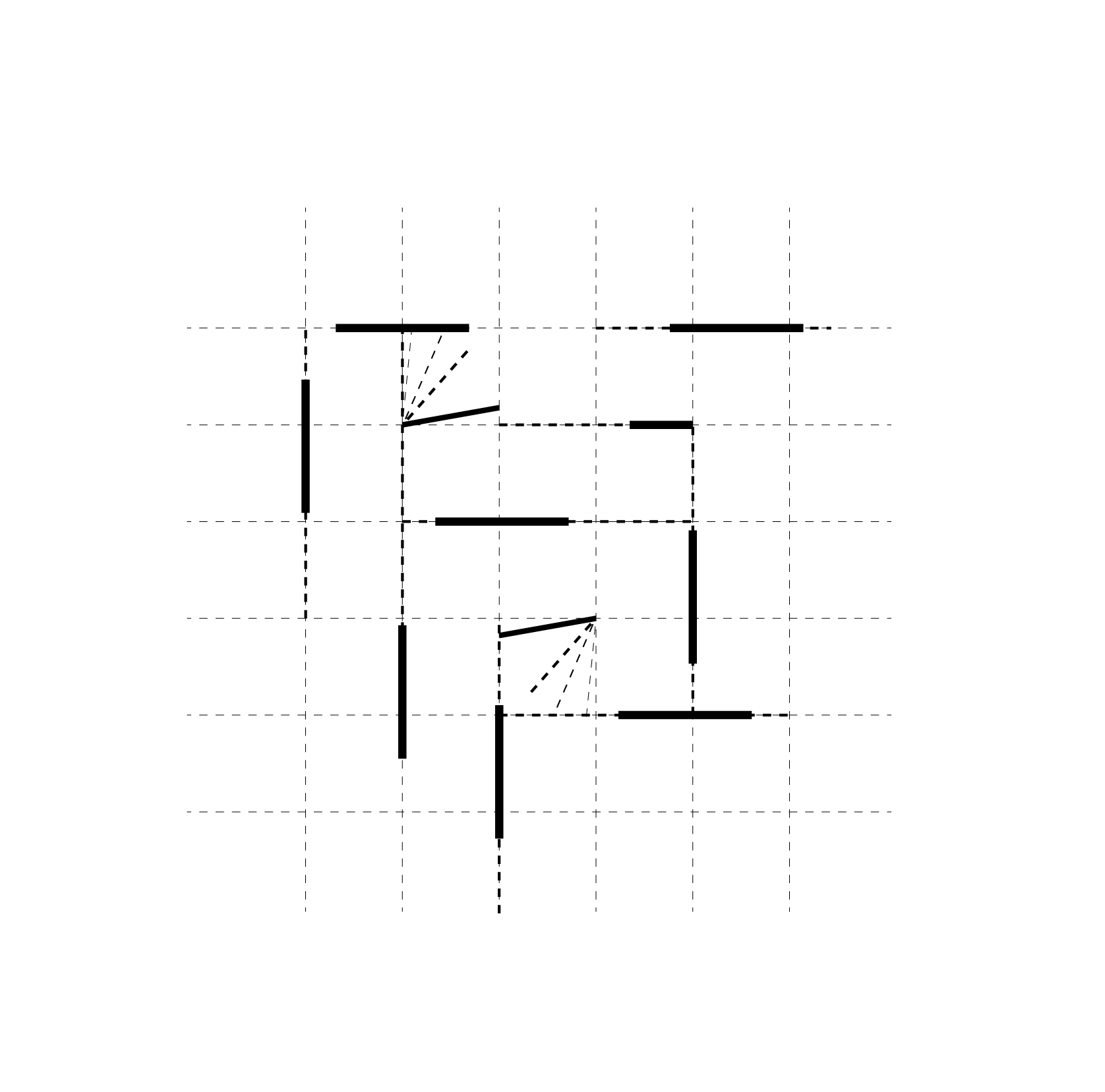 Wall arrangement diagram with solid partitions and dashed alternative positions on a regular grid