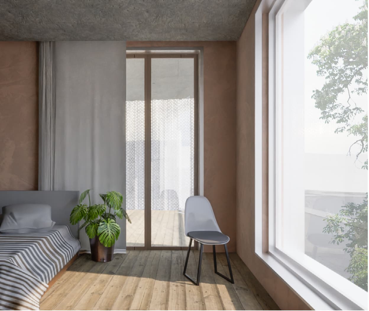 Interior rendering of a private bedroom with a bed, chair, planting, and daylight through tall windows