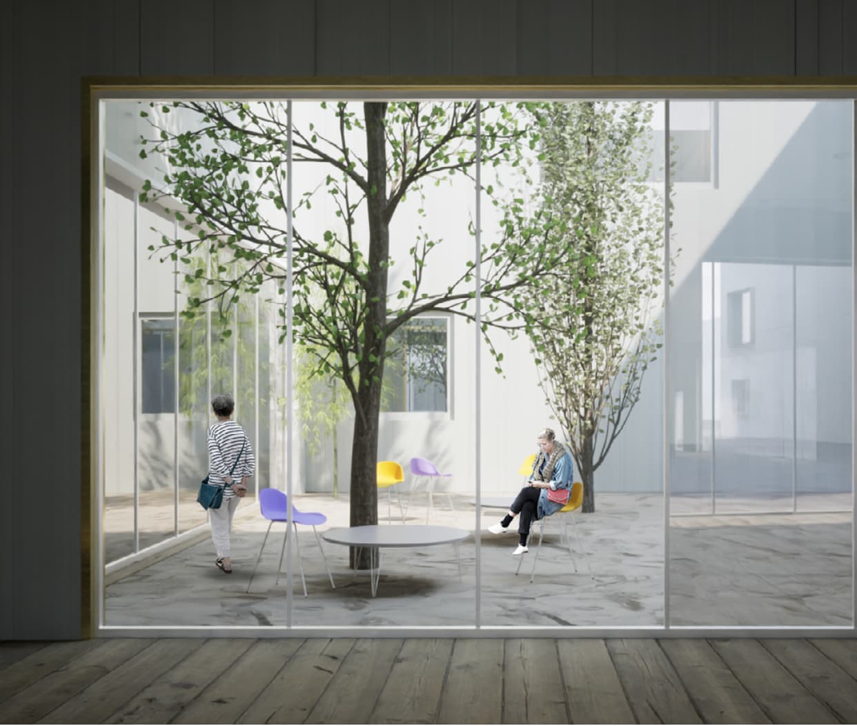 Interior rendering looking through glazing toward a shared planted space with seating and people around a table