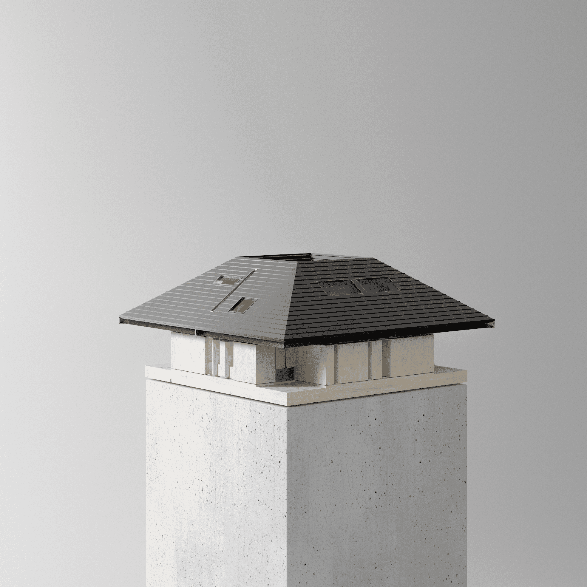 Courtyard-house model on a plinth, showing its broad roof and varied enclosure beneath