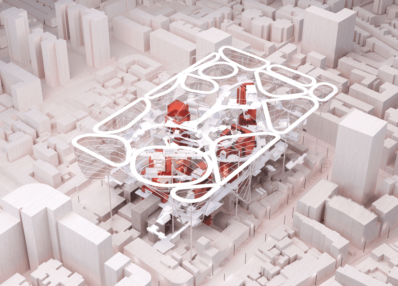 Model rendering of a residential neighbourhood with towers, elevated connections, and looping routes above the surrounding urban fabric