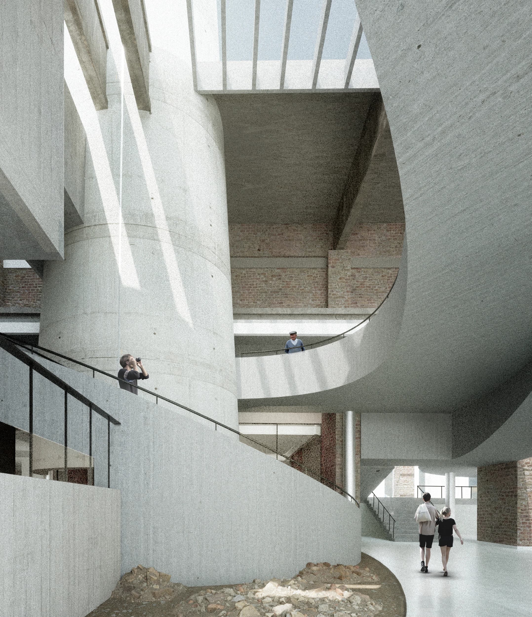 Interior rendering of the factory renovation, with an elevated curved volume, retained brick walls, overhead light, and visitors at different levels