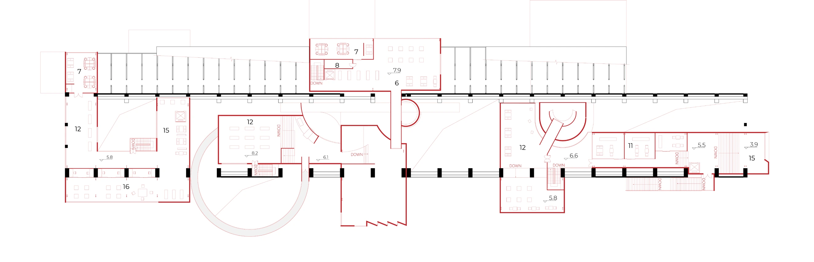 Third-floor plan showing a narrower arrangement of upper rooms, connecting paths, and openings within the industrial hall