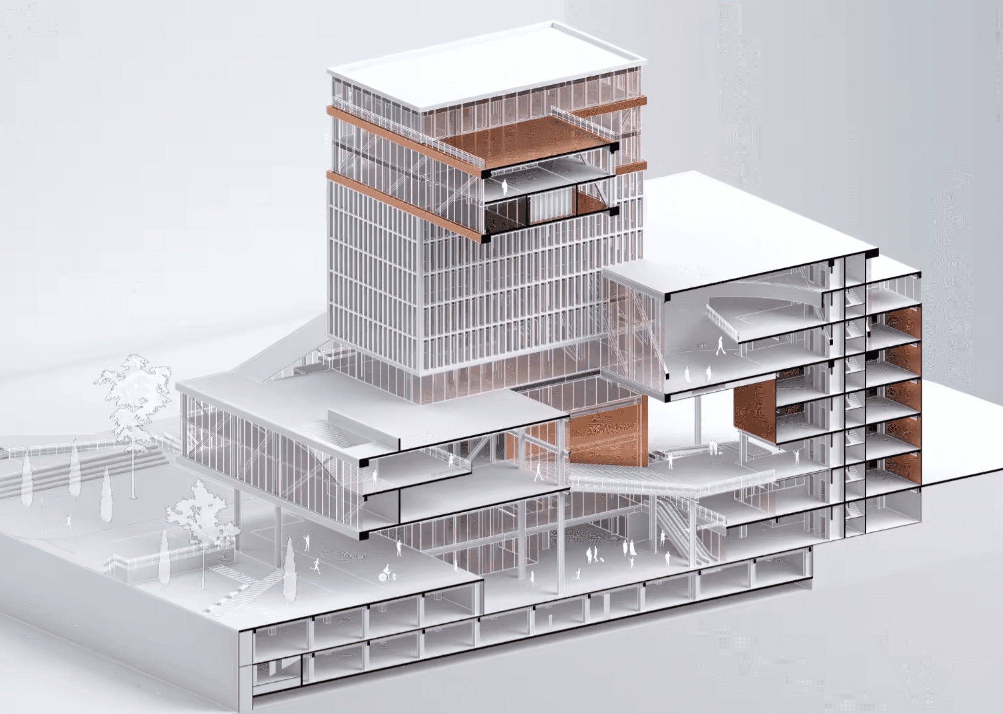 Cutaway rendering exposing floors and shared spaces in the interlocking tower complex