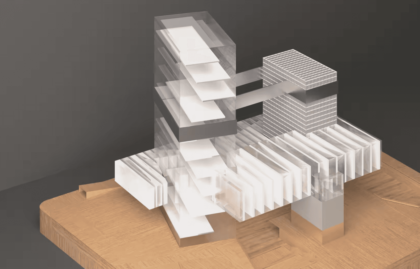 Physical model of two unequal towers joined by elevated platforms and a lower public base