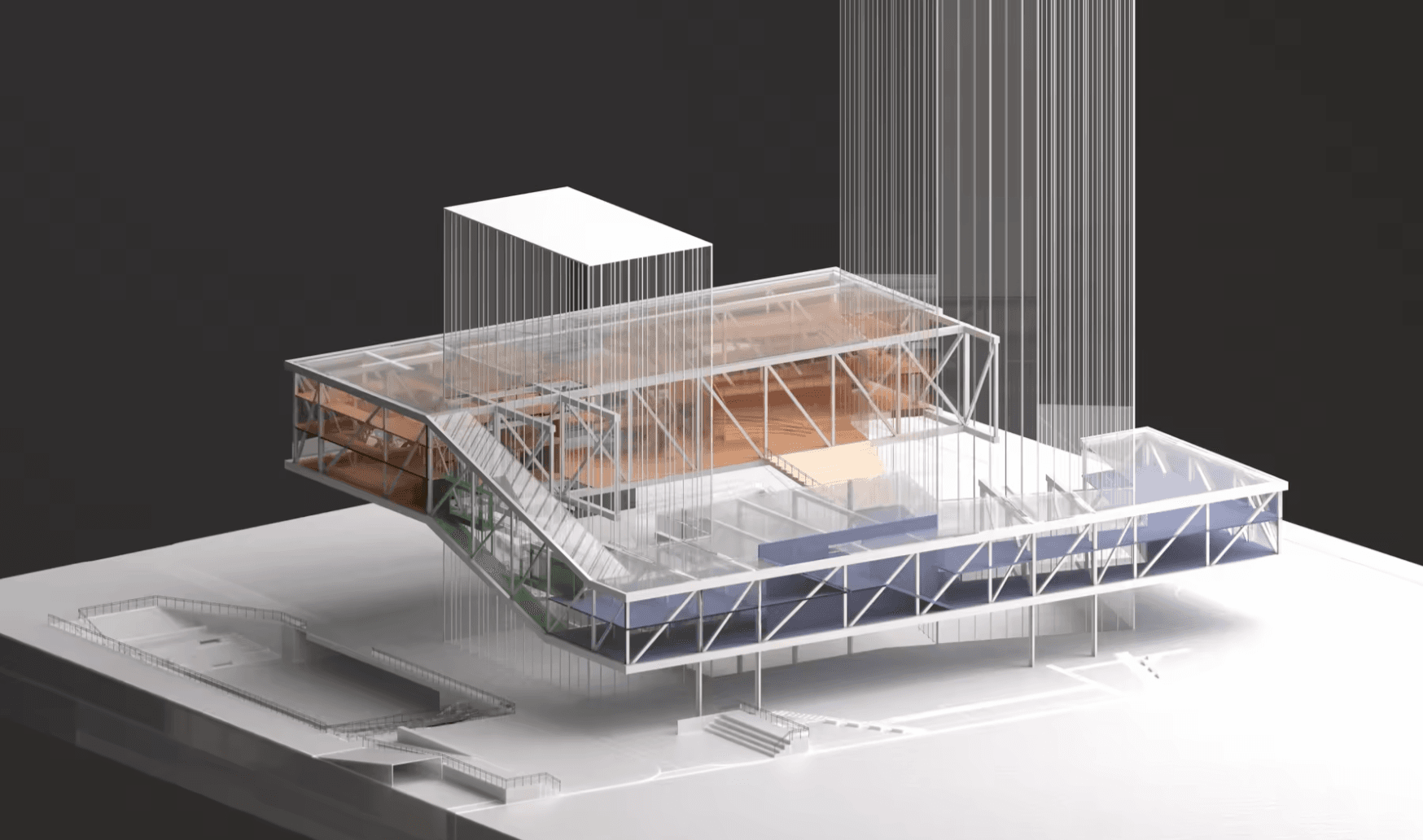Detailed model of an elevated glazed platform and the open space beneath it