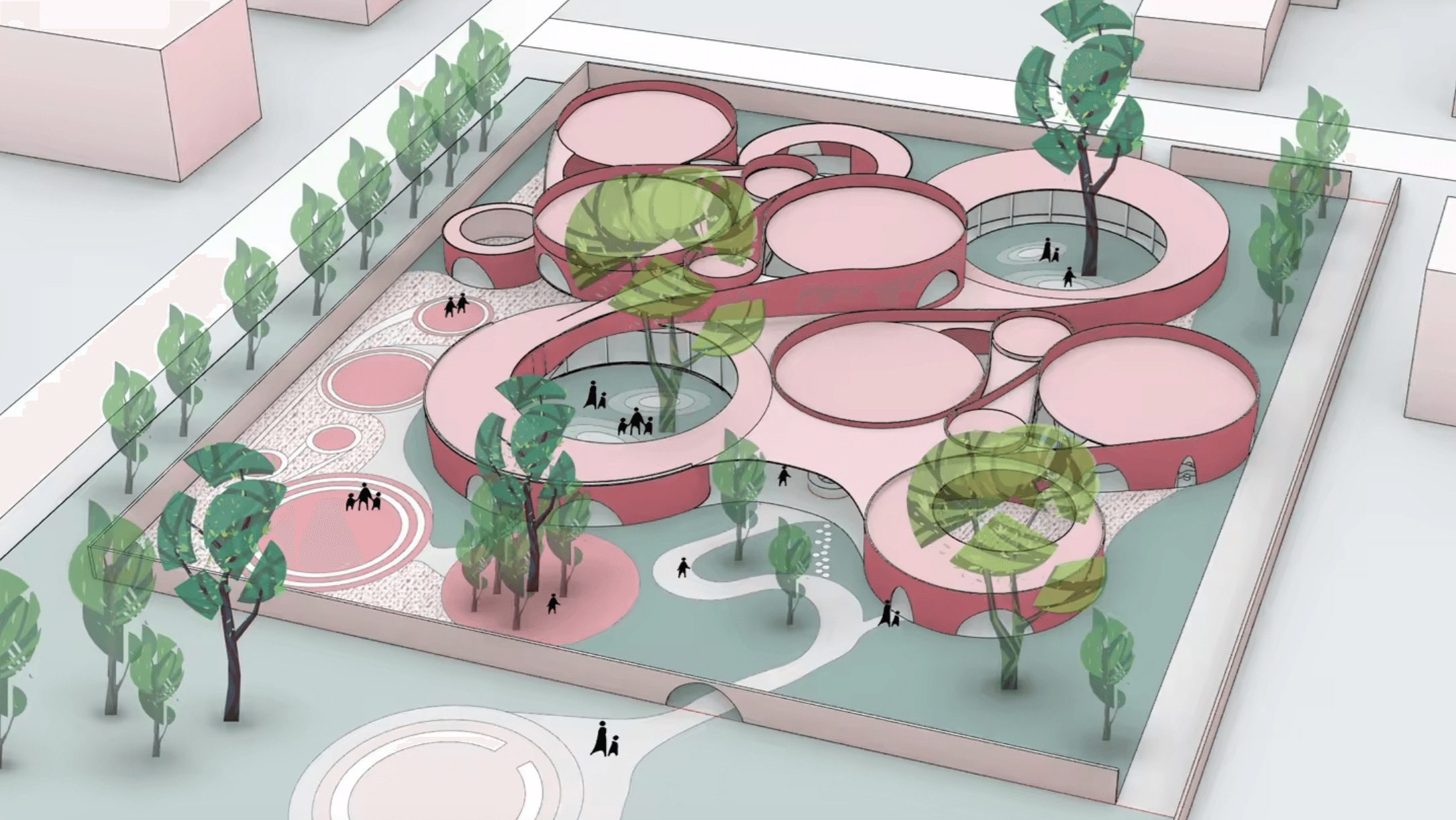 Aerial rendering of pink circular kindergarten rooms and courtyards within a planted site