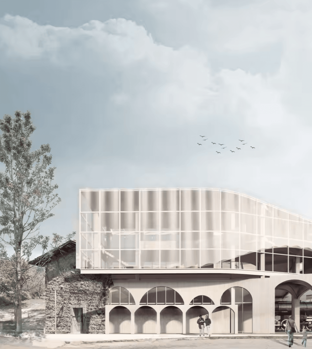 New curved volume set above the stone arches of an existing building