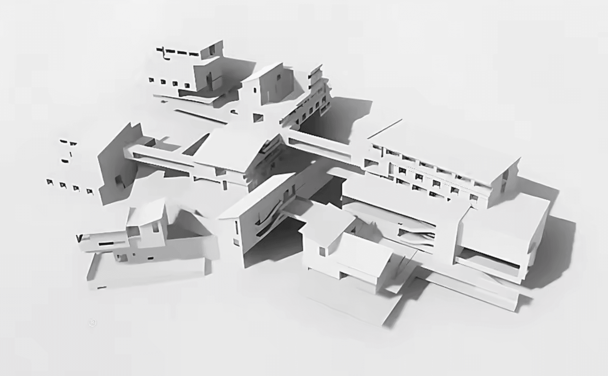 White axonometric study of stepped housing clusters linked by bridges and terraces