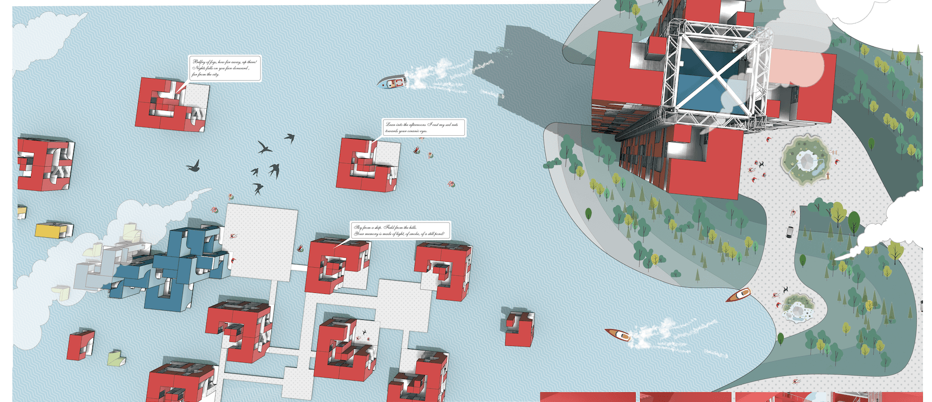 Conceptual collage of red and white residential modules floating beside a larger structural framework