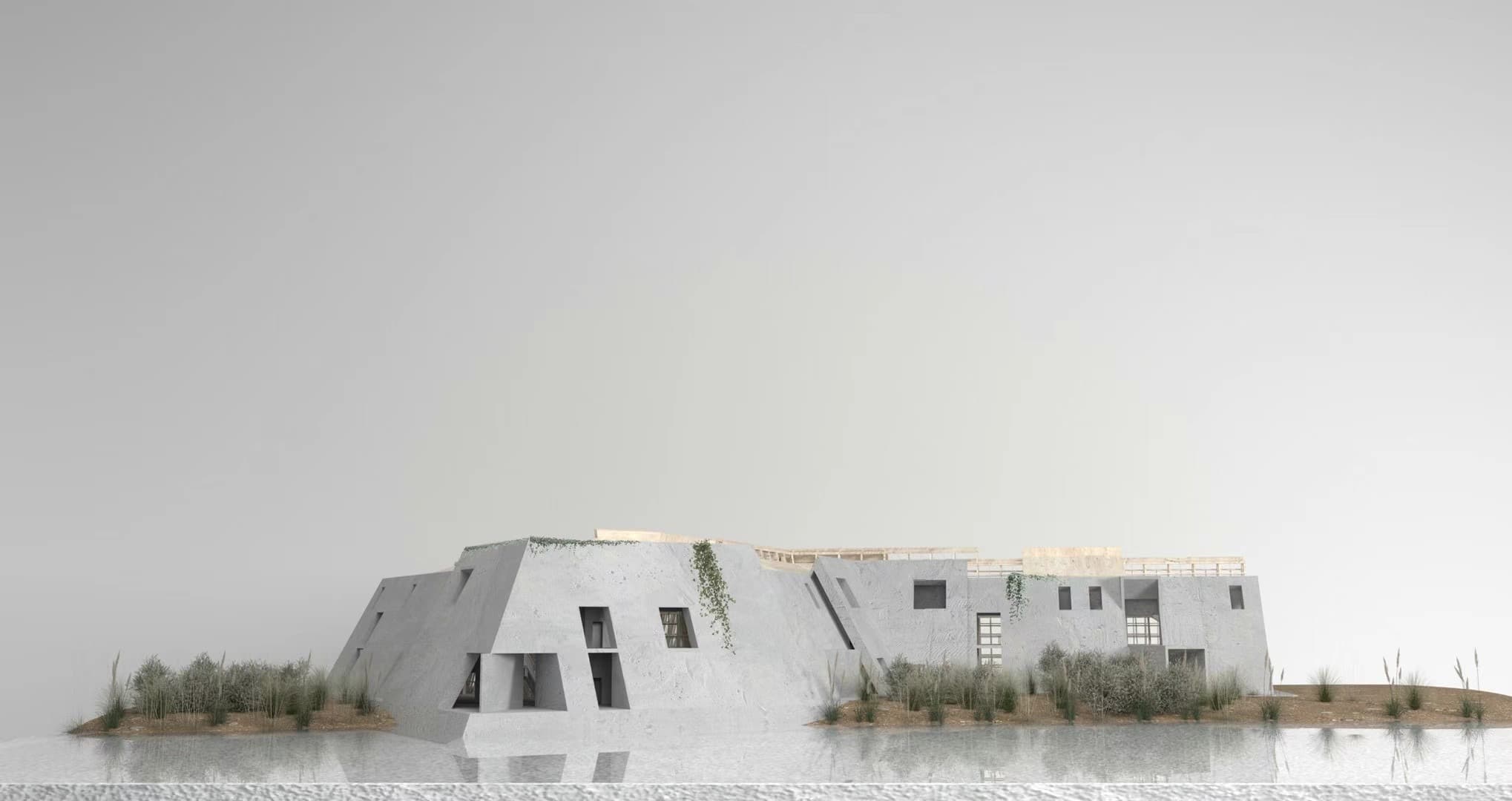 Model of the concrete waterfront wall with openings and vegetation along its base