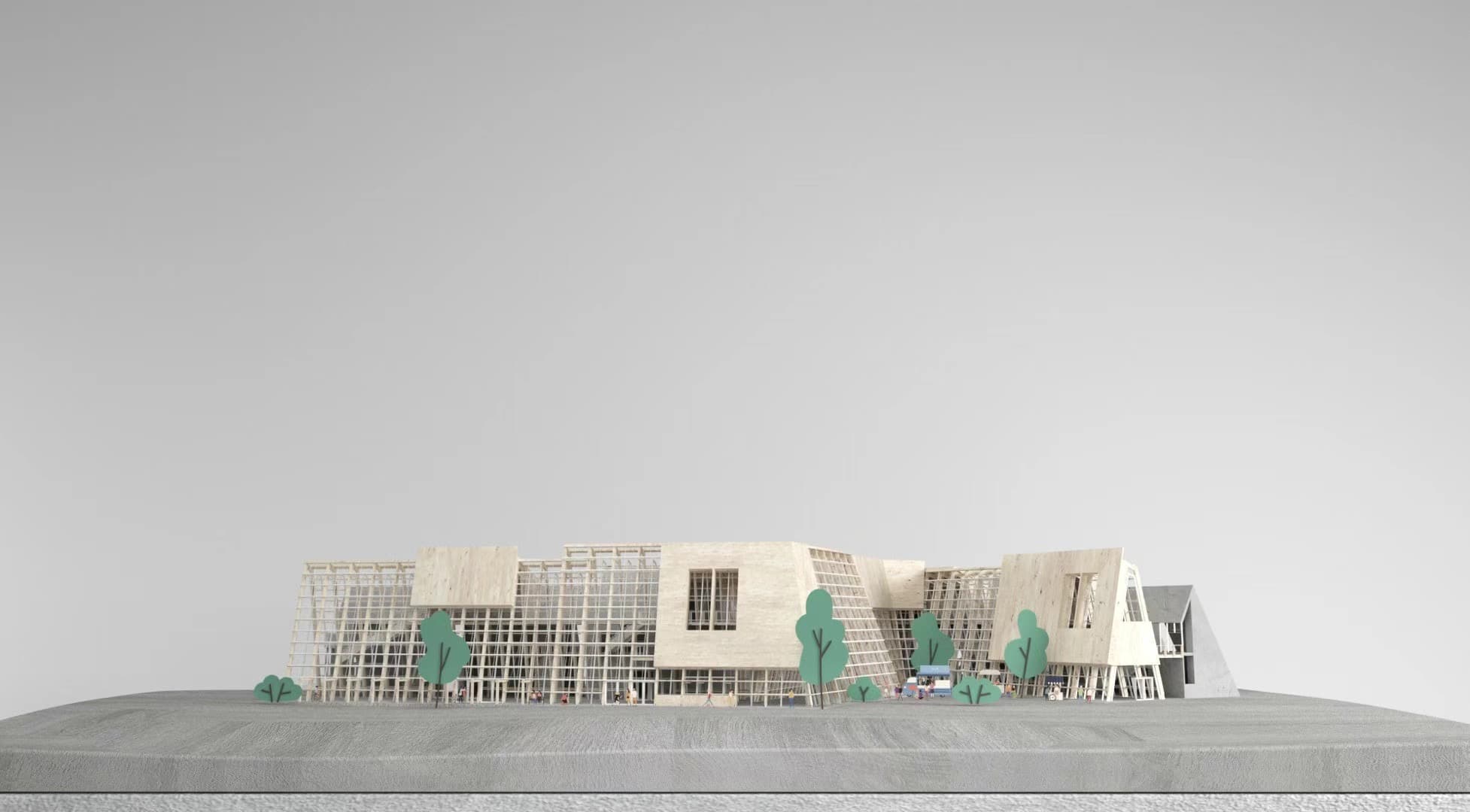 Waterfront model of the ferry terminal, with a heavy concrete wall and a light timber framework meeting along the seafront