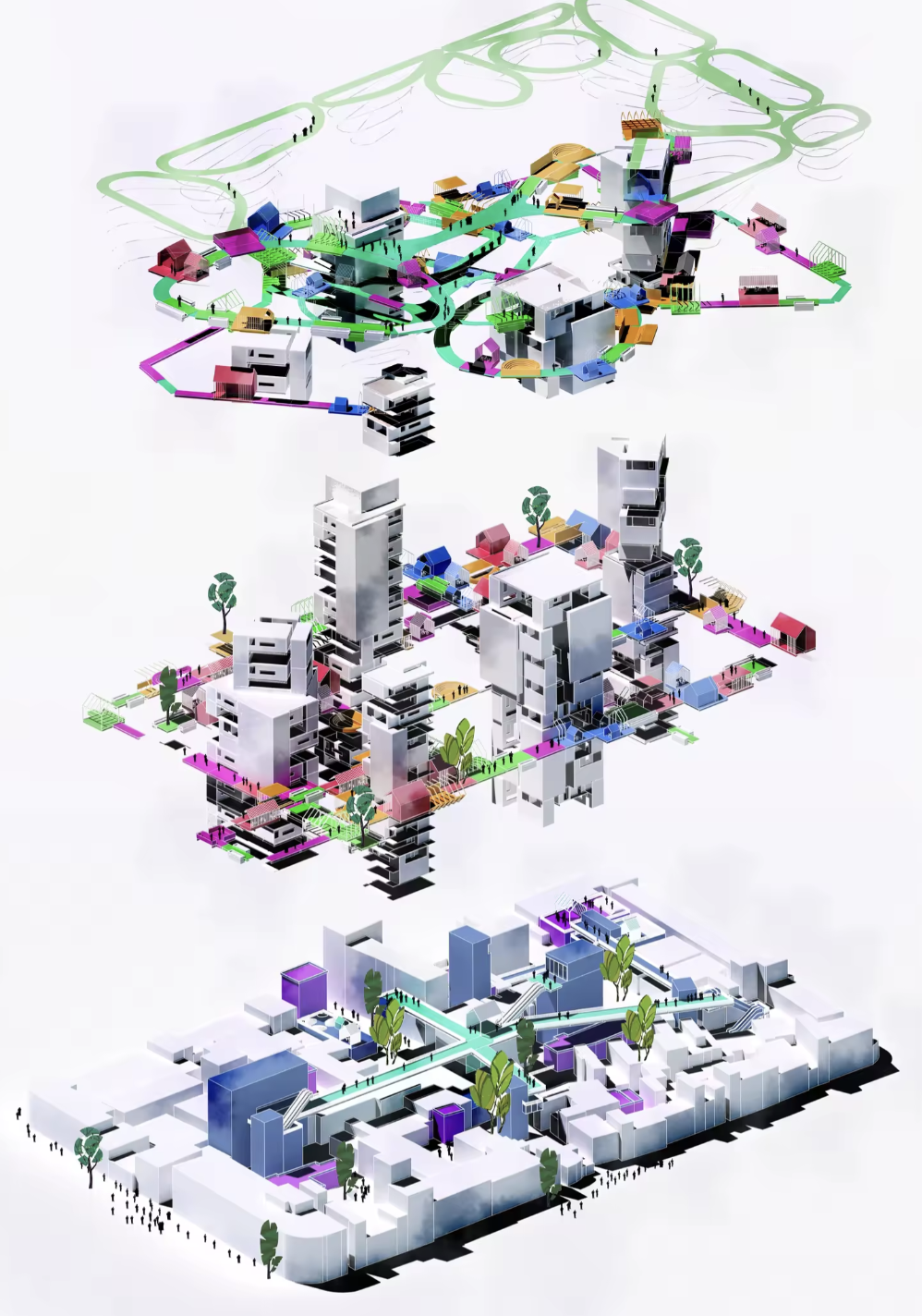 Exploded axonometric separating the upper interconnected routes, the street layer among residential buildings, and the renovation layer at ground level
