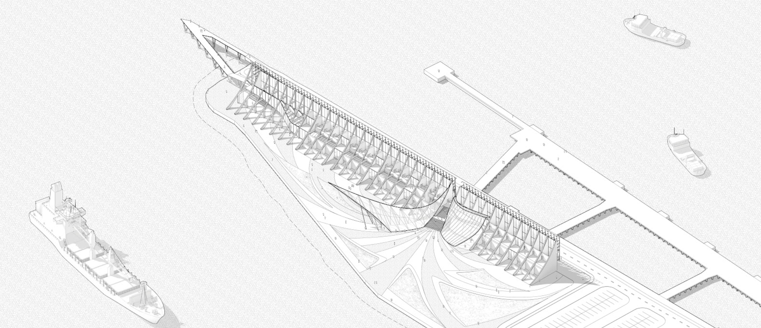 Waterfront axonometric showing the long windbreak, its repeated supports, curved membrane surfaces, plaza, and adjacent docks