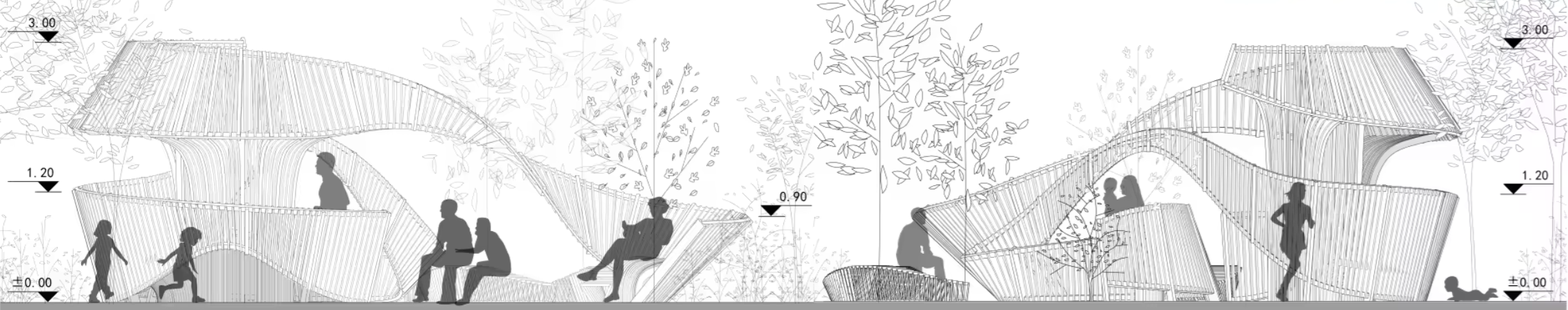 Long section showing seated and standing figures, trees, and a ribbon whose profile rises and falls to form different spatial enclosures